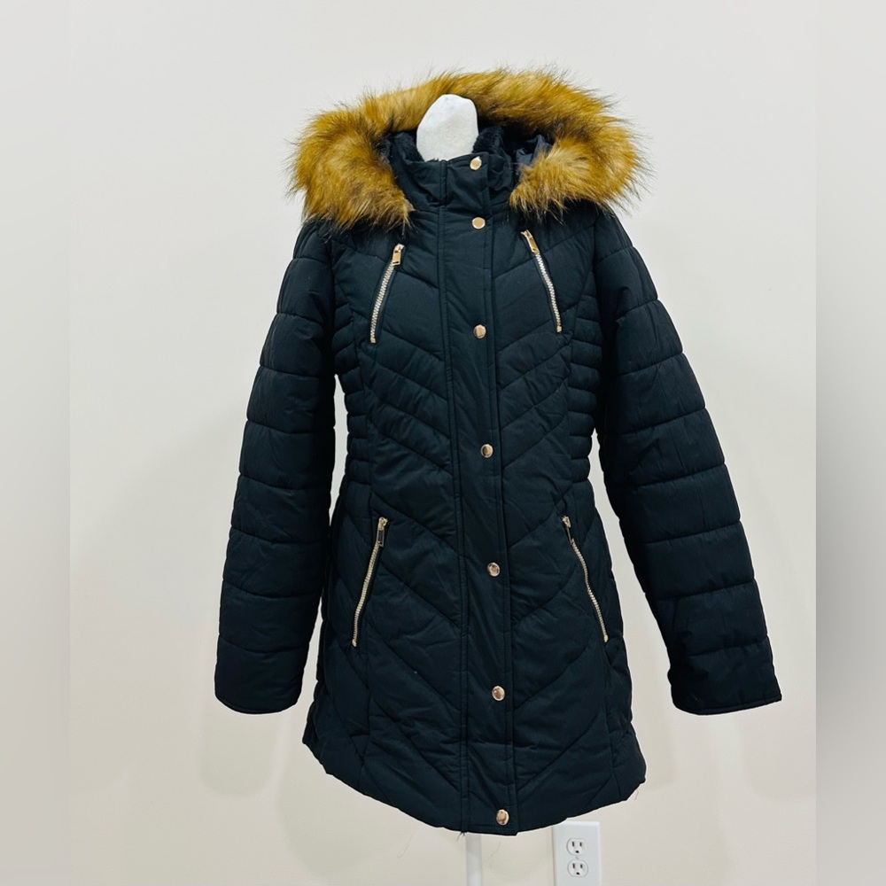 Maralyn & Me Faux-Fur-Trim Hooded Puffer Coat Size Large Black Mid Length
